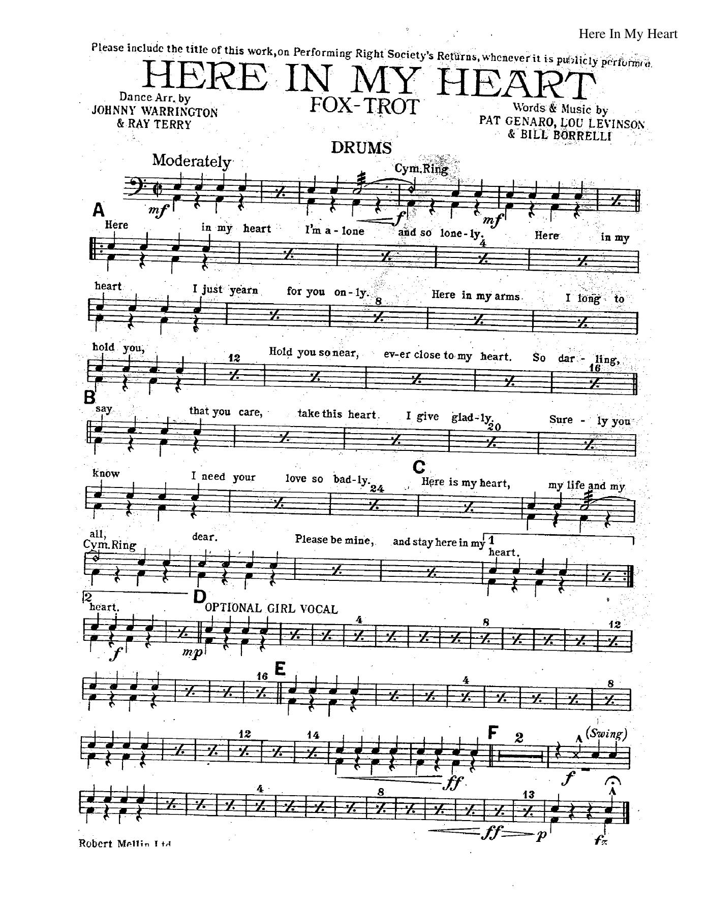 Here In My Heart — sheet music preview