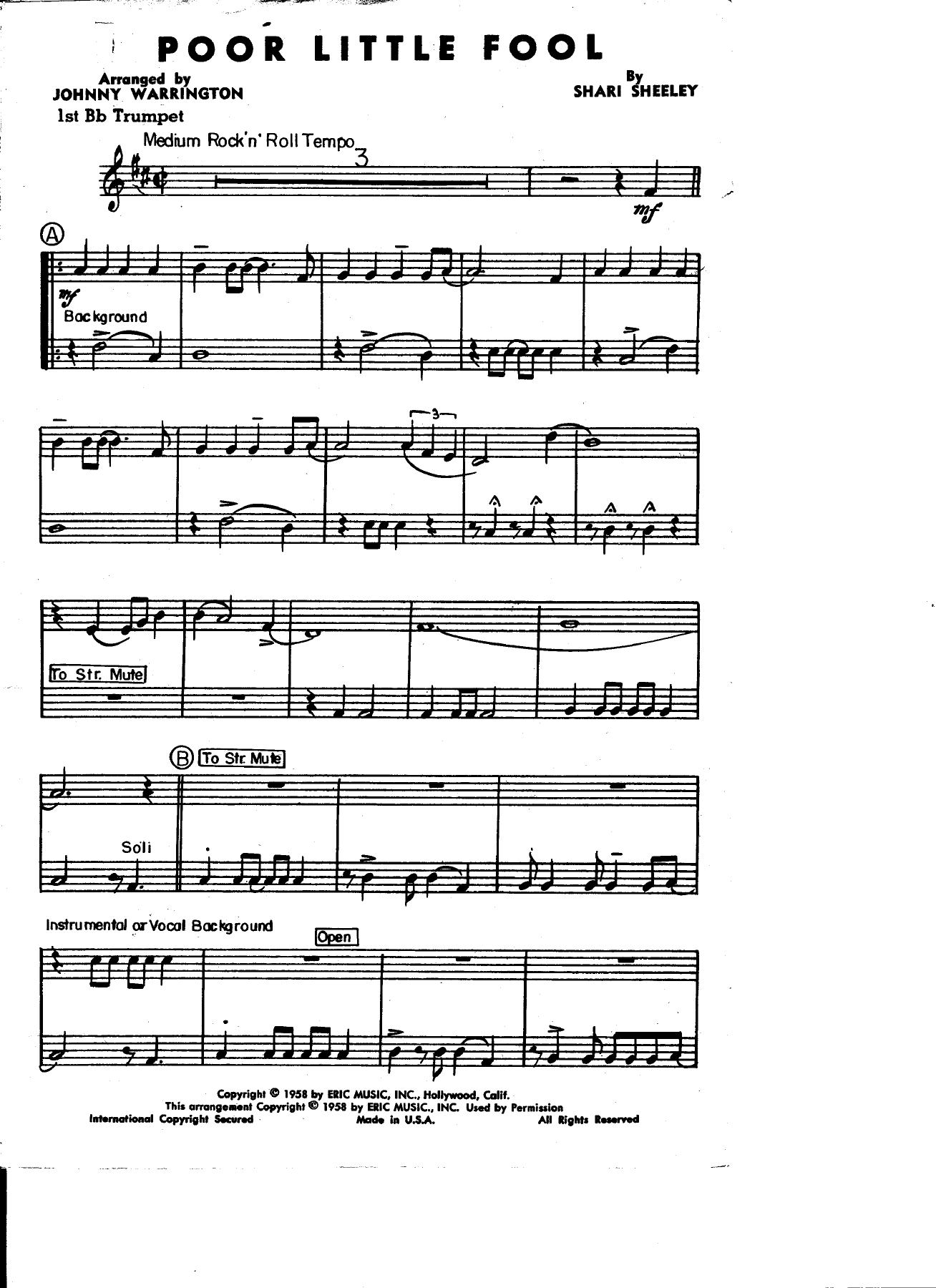 Poor Little Fool — sheet music preview