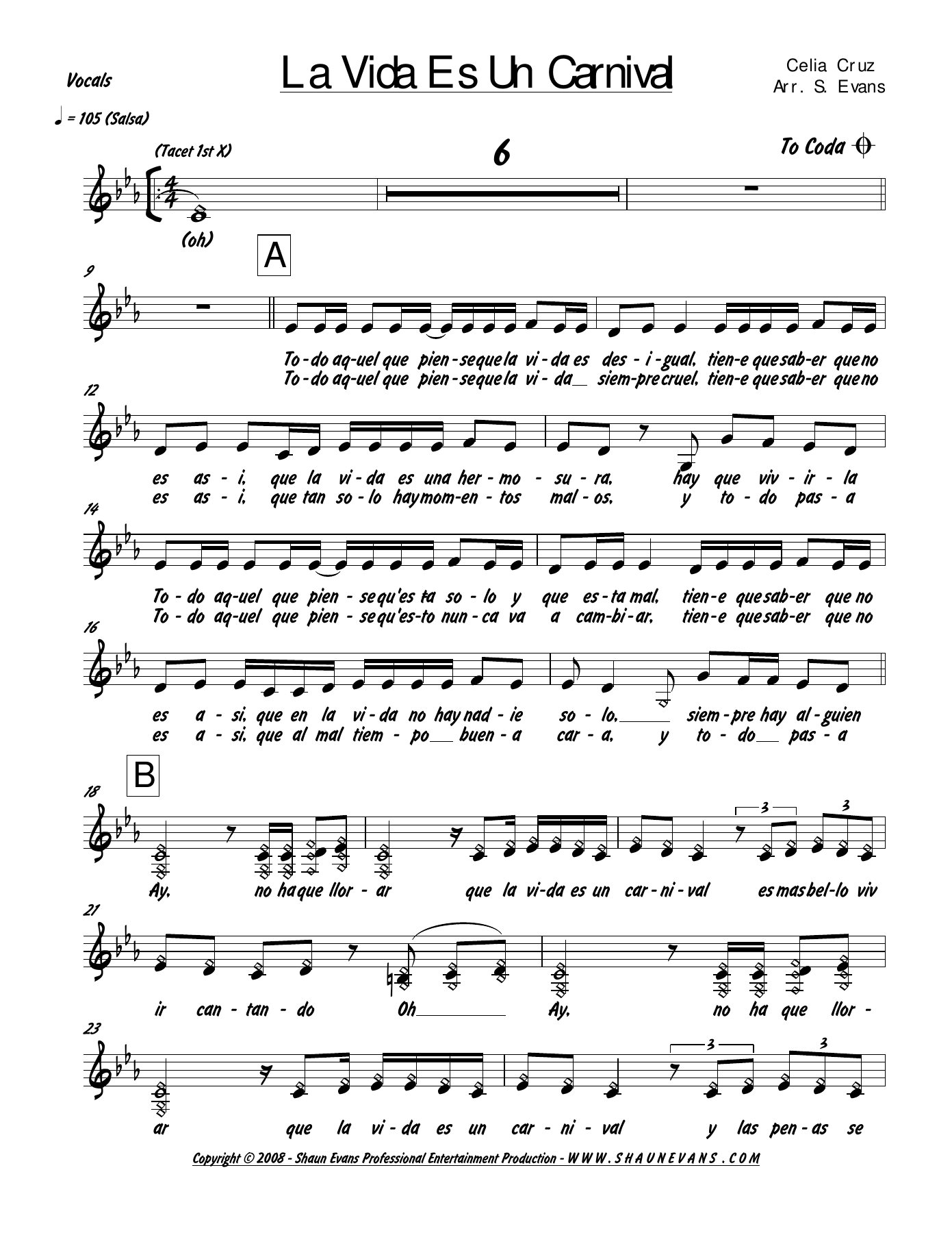 La Vida Es Un Carnival — sheet music preview