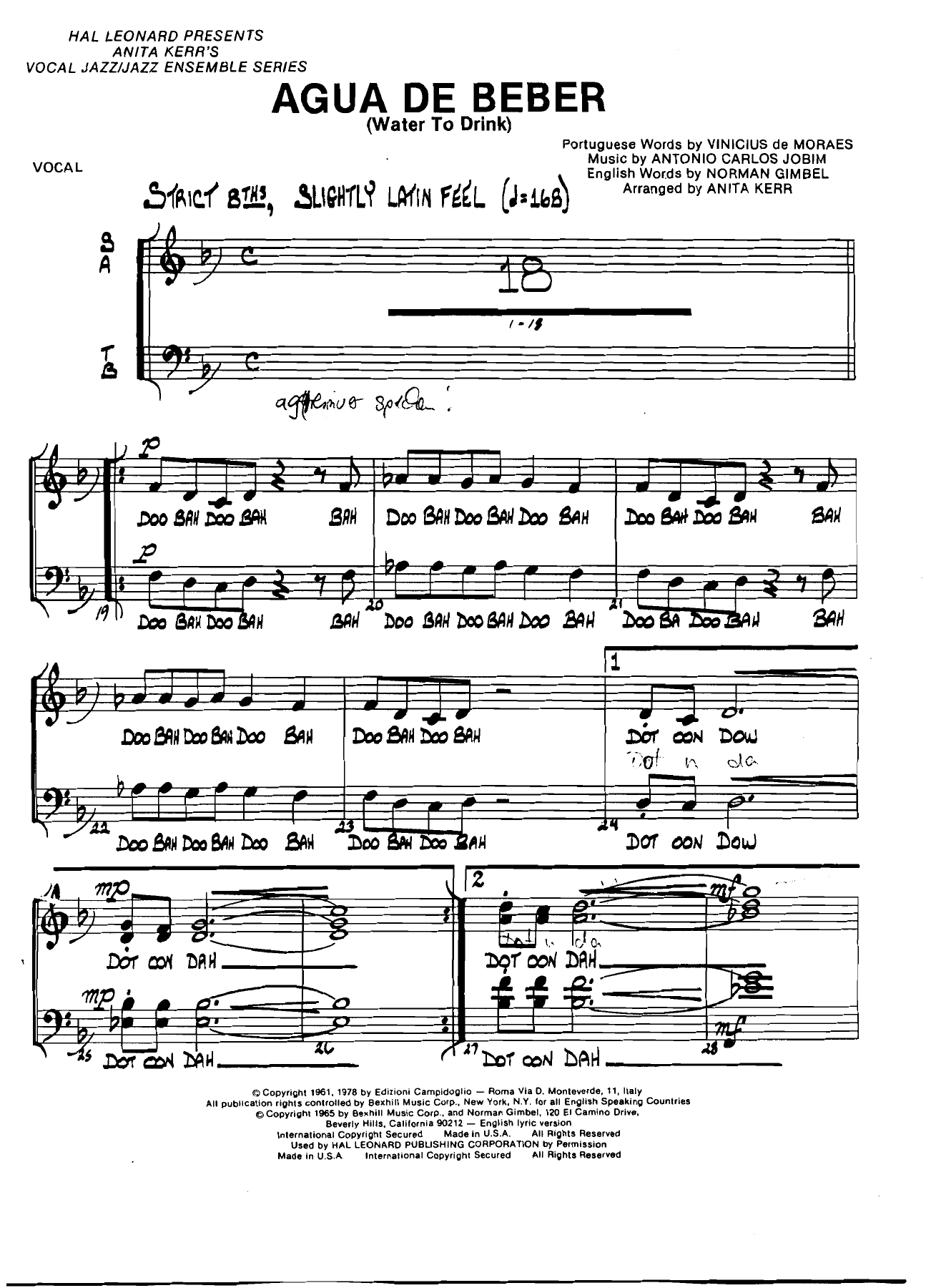 Agua De Beber (Anita Kerr) vocal — sheet music preview