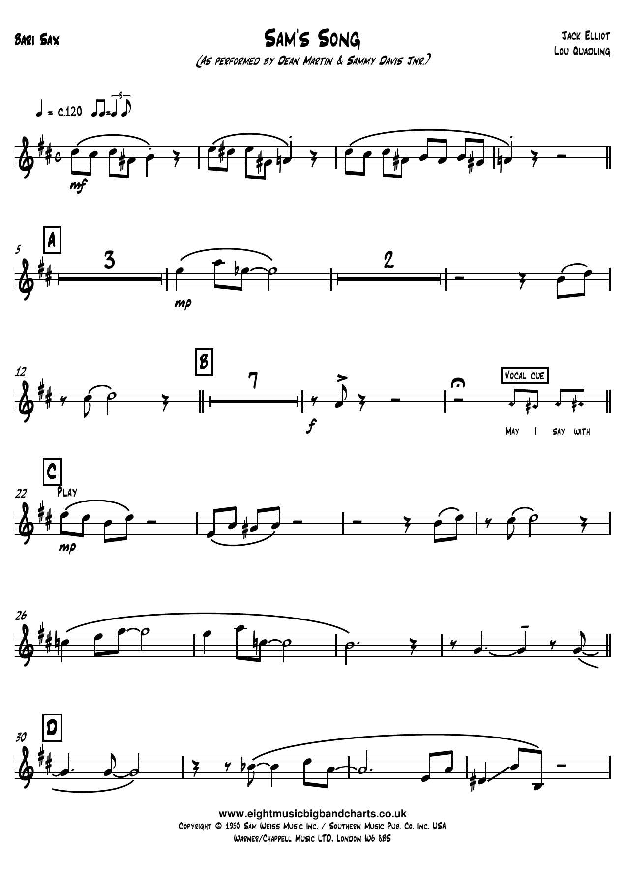 Sammy Davis jr & Dean Martin - Sam's Song - Bari Sax — sheet music preview