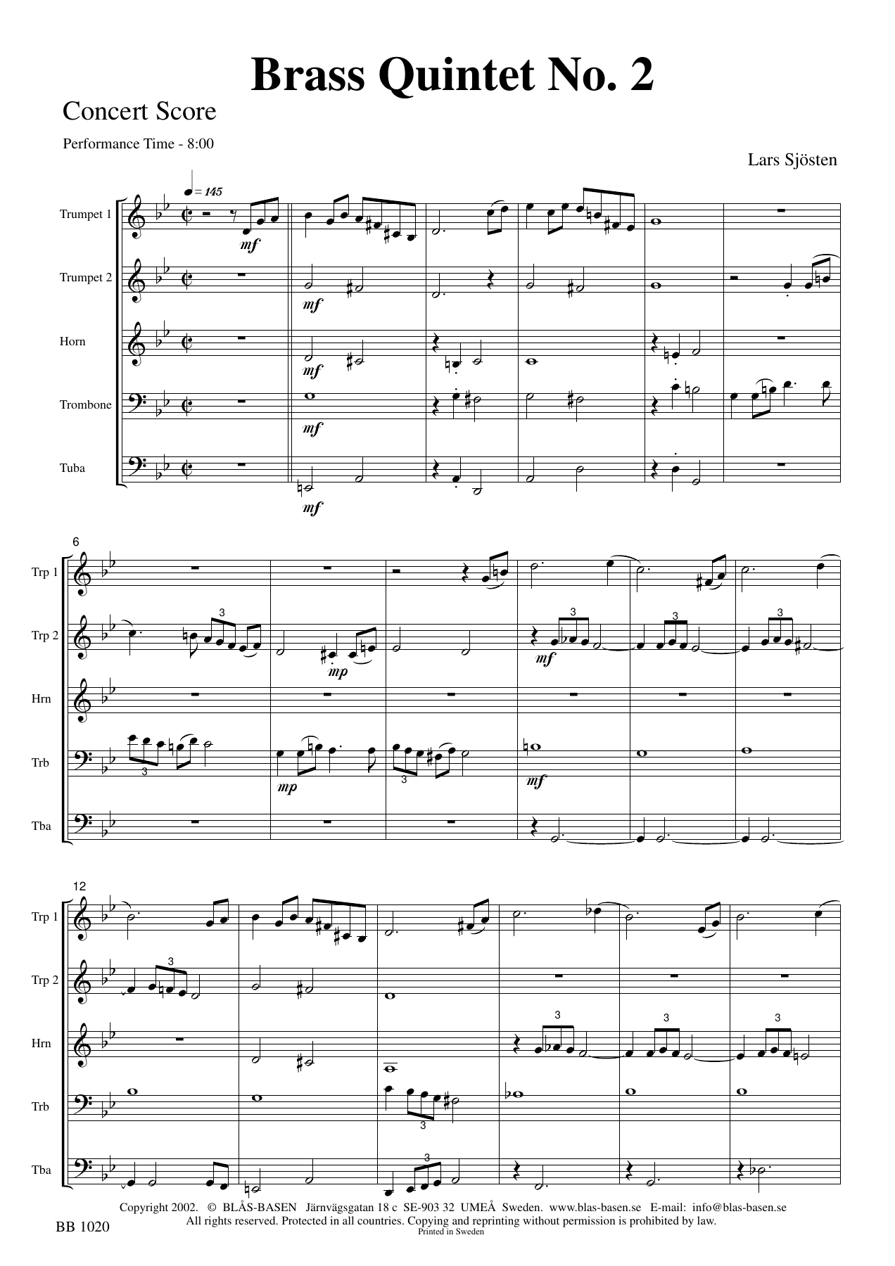 Sjosten, Lars - Brass Quintet n.2 — sheet music preview
