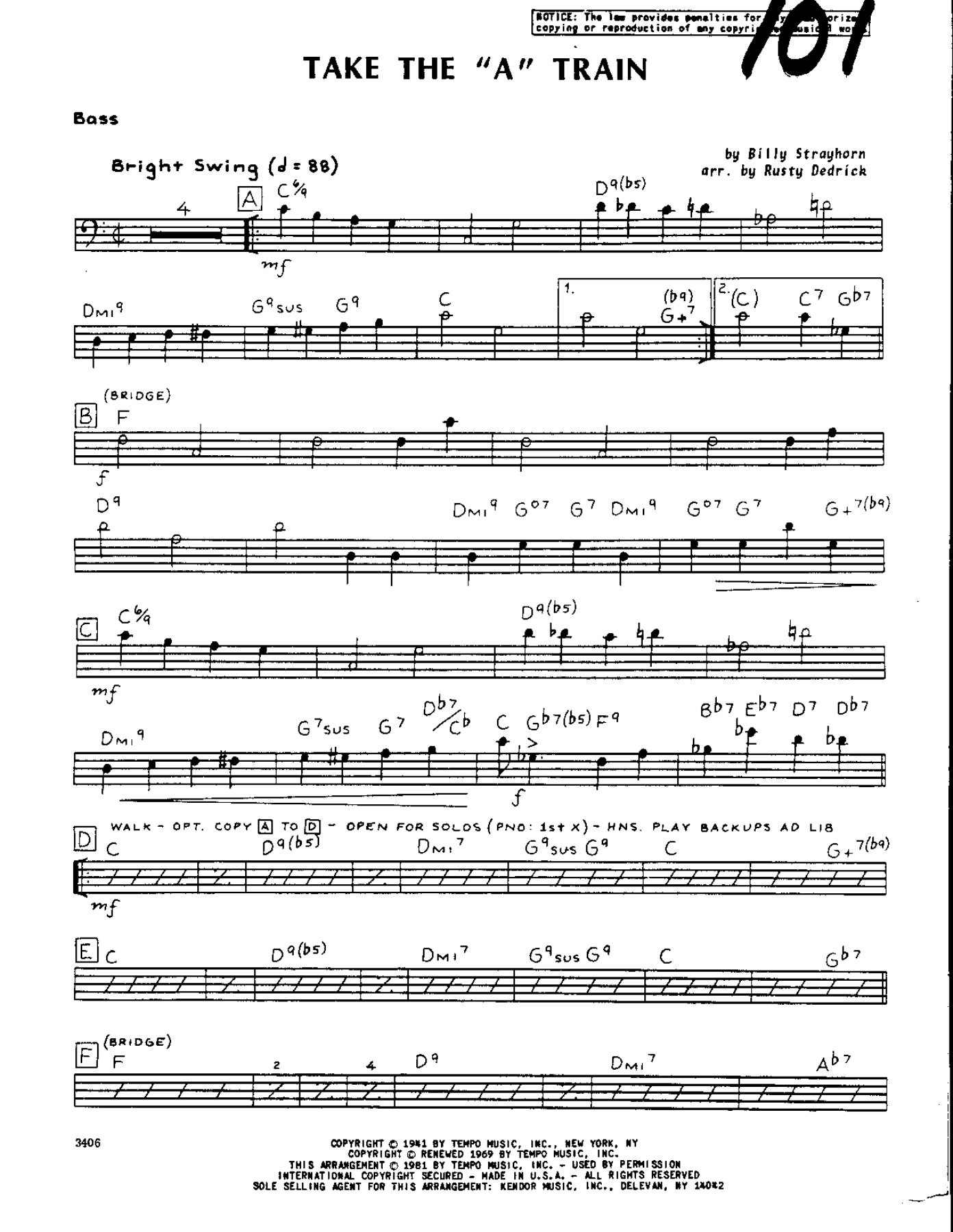 Take the A Train-Bass — sheet music preview