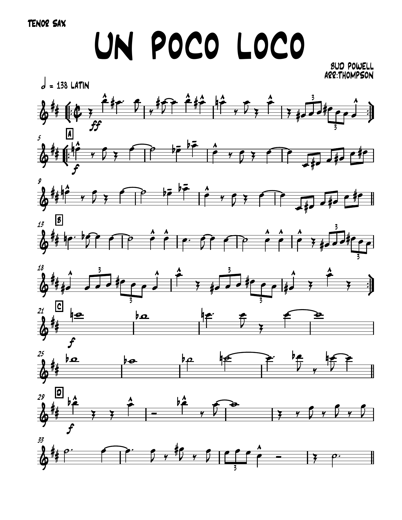 un poco loco 4 01 TENOR SAX — Small Ensemble sheet music by THOMPSON | Bebop