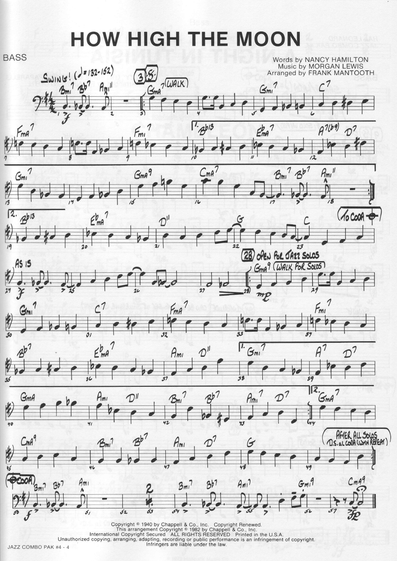 How High The Moon Bass — Small Ensemble sheet music by FRANK MANTOOTH | Bebop