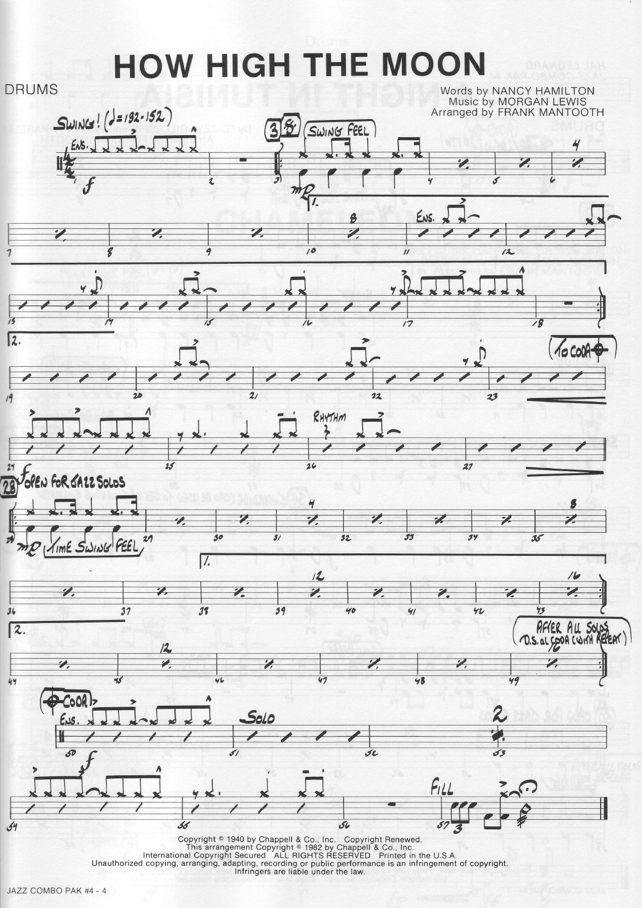 How High The Moon Drums — Small Ensemble sheet music by FRANK MANTOOTH | Bebop