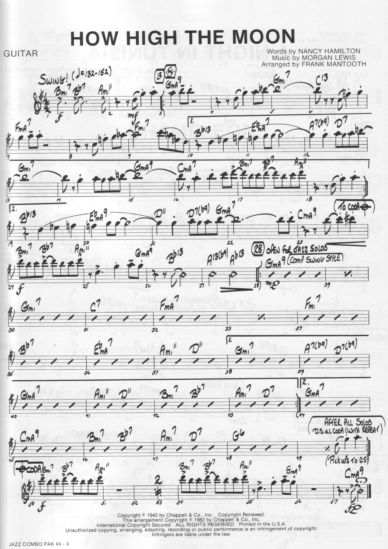 How High The Moon Guitar — Small Ensemble sheet music by FRANK MANTOOTH | Bebop