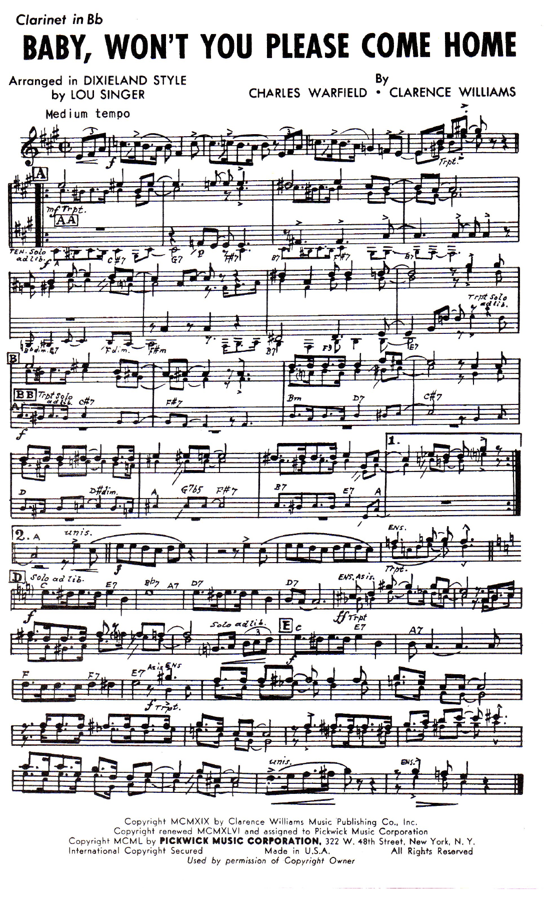 Baby, Won't You Please Come Home — sheet music preview