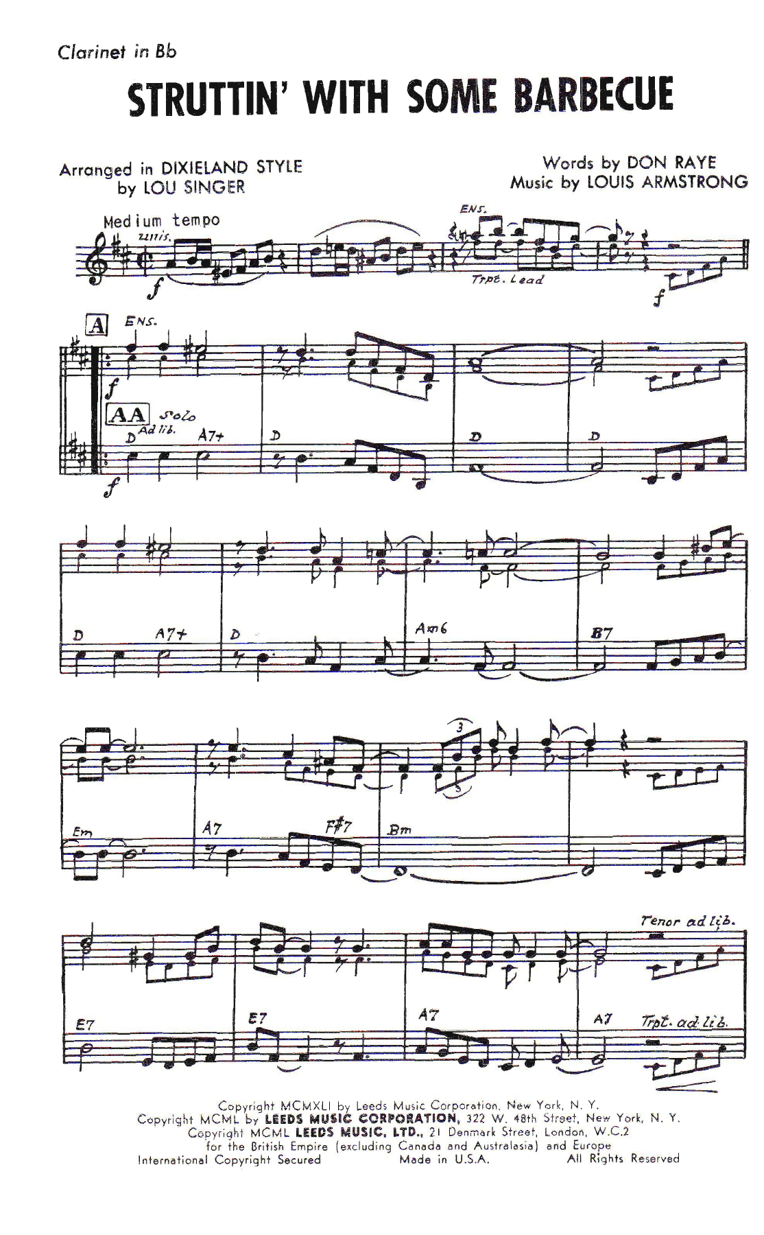 Struttin' With Some Barbecue — sheet music preview
