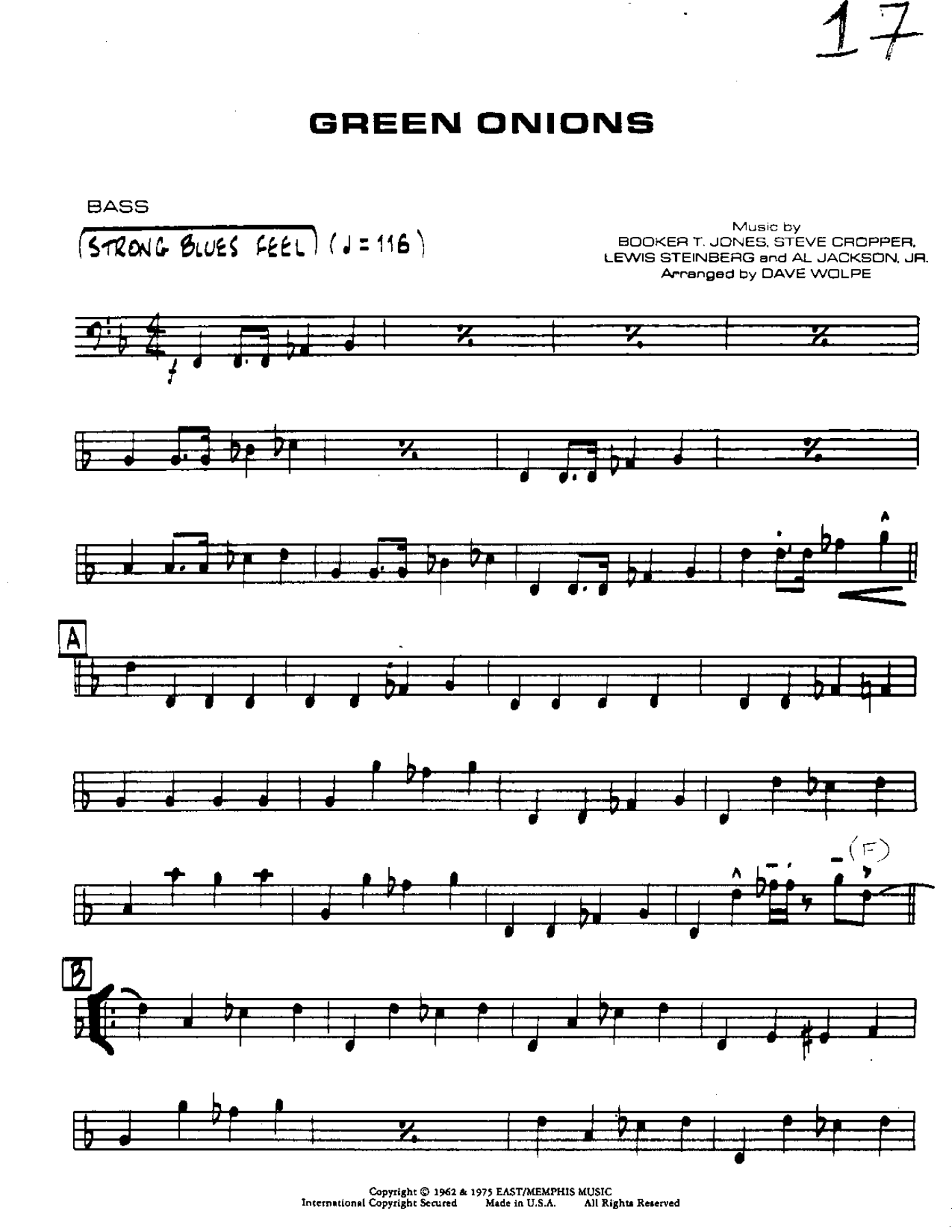 Green Onions-Bass — Small Ensemble sheet music by DAVE WOLPE | Blues