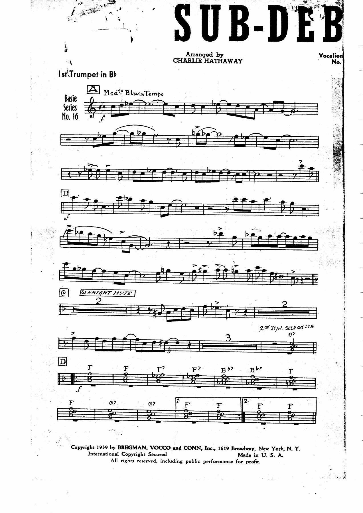 Sub-Deb Blues (J.Hathaway) C.Basie — sheet music preview