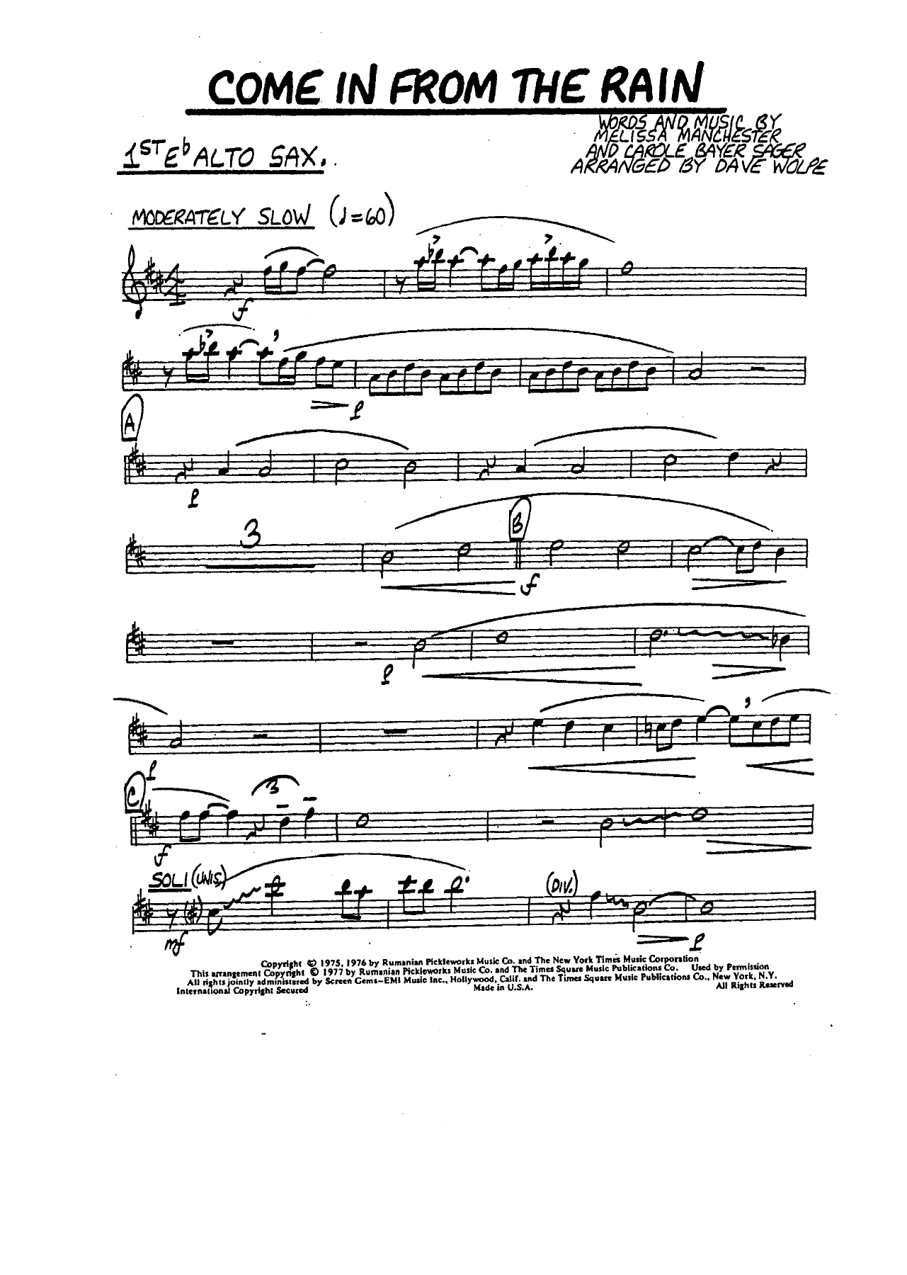 Come In From The Rain — sheet music preview