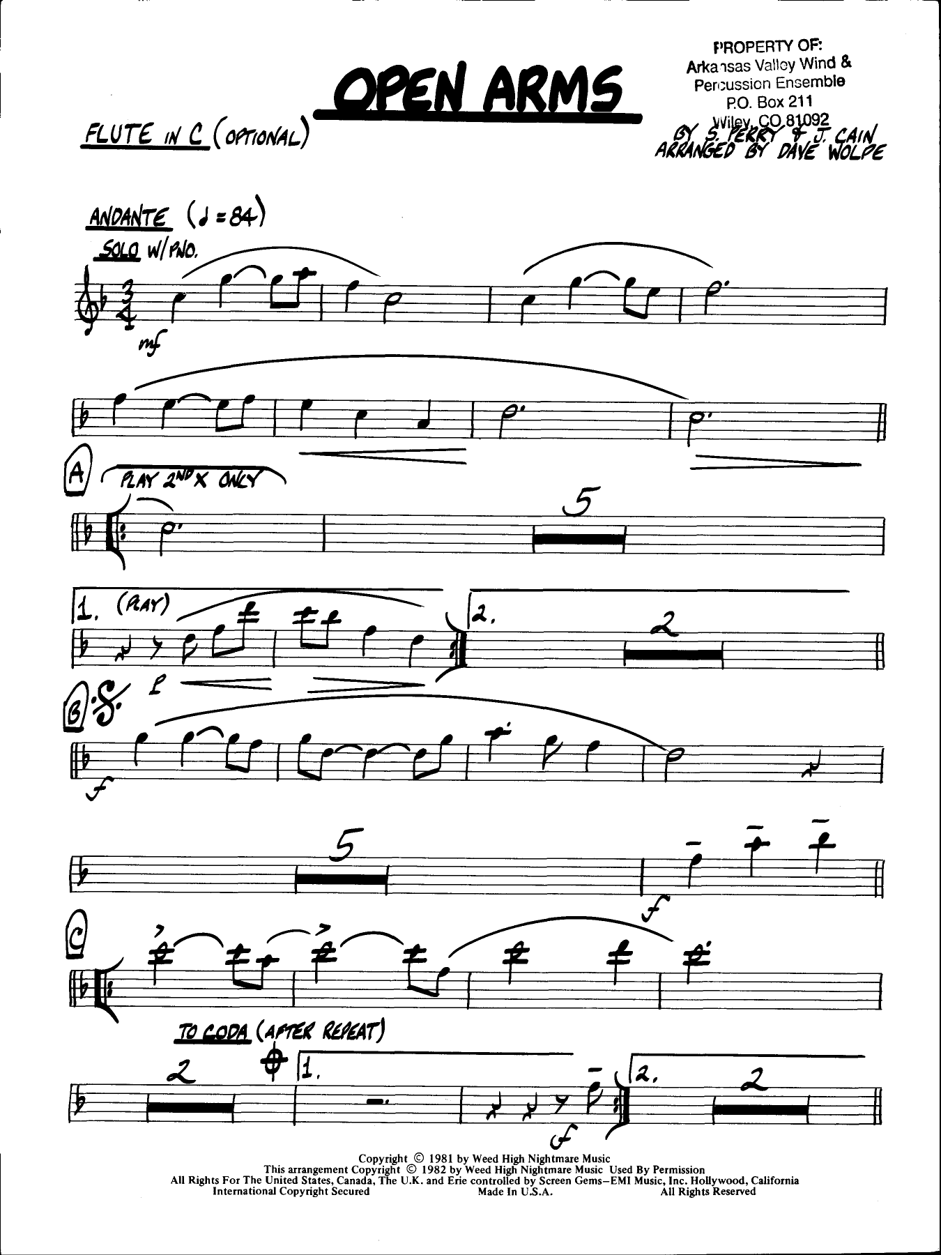 Open Arms — sheet music preview