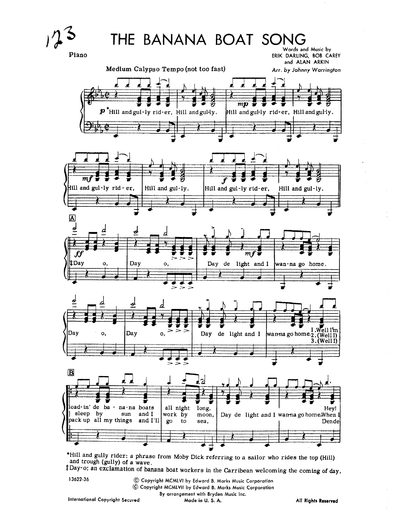 Banana Boat Song (J.Warrington) vocal Harry Belafonte — sheet music preview