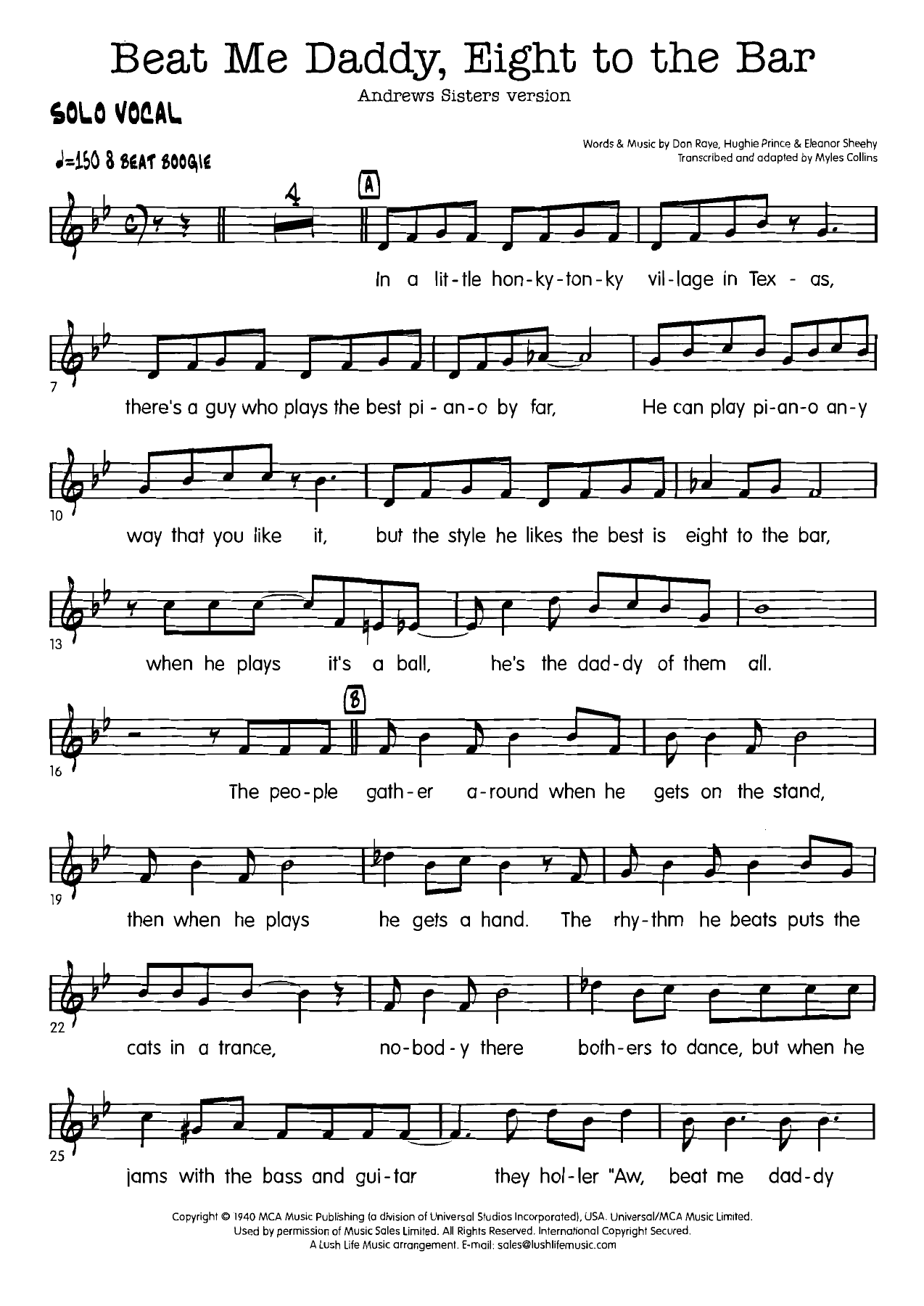 Beat Me Daddy, Eight To The Bar (M.Collins) Voc Bb Andrews Sisters — sheet music preview