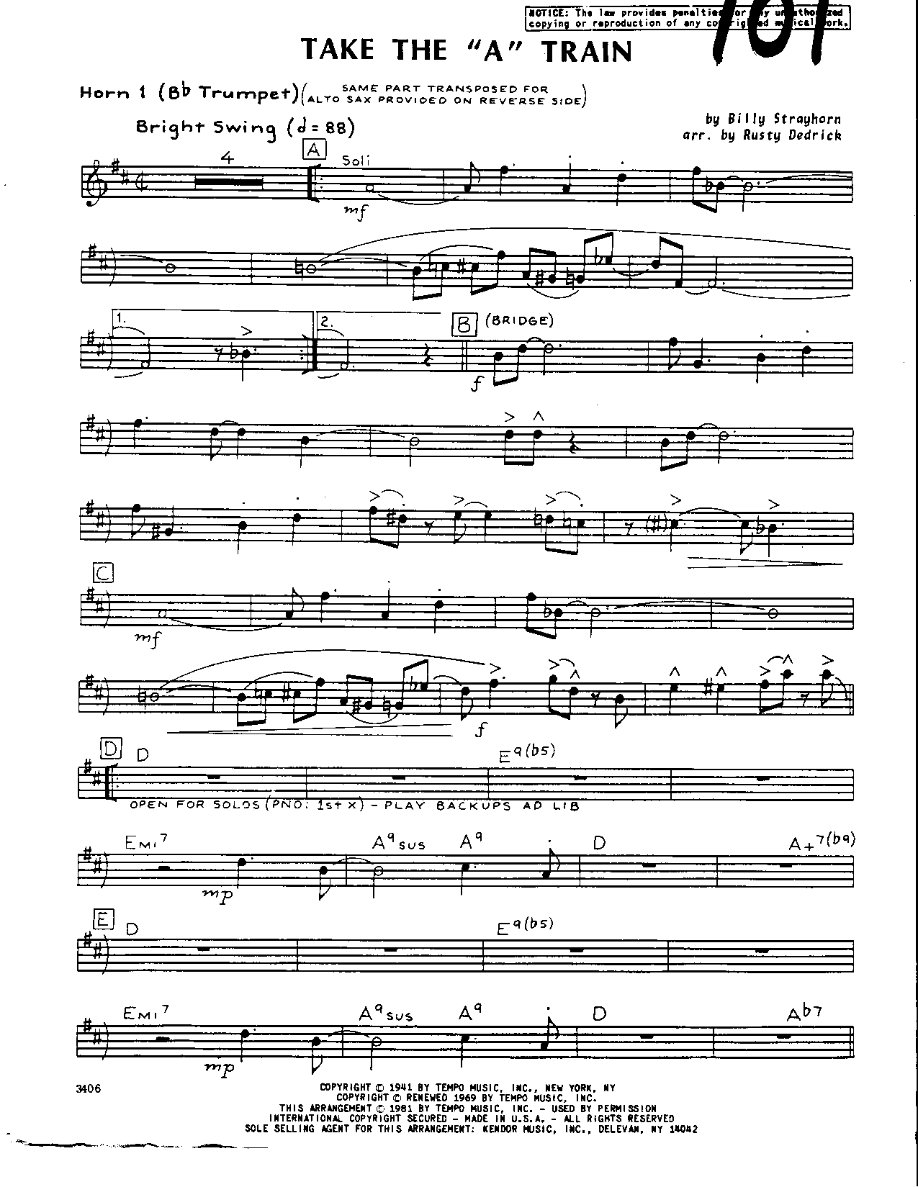 Take the A Train-Trumpet — sheet music preview