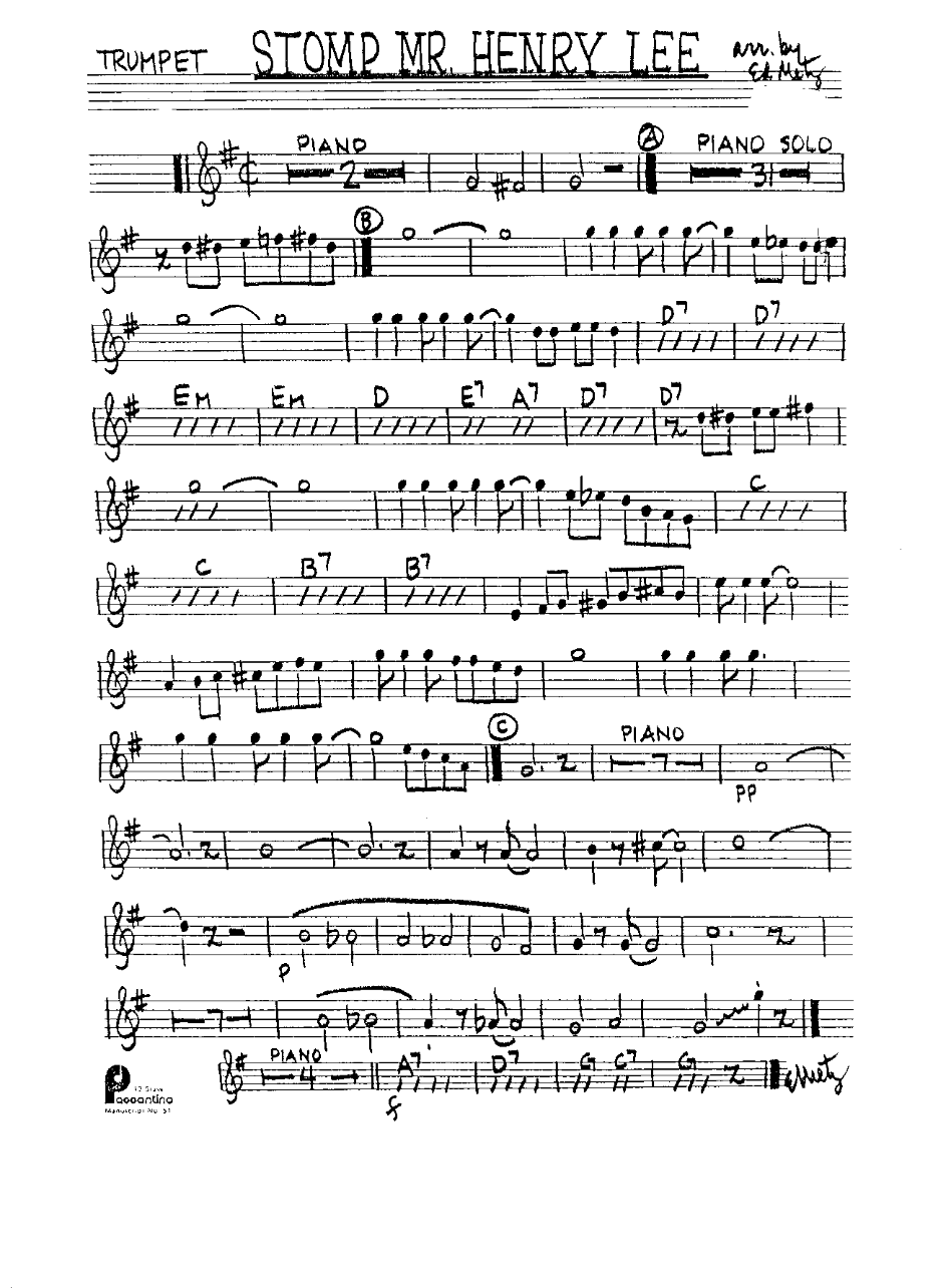 Stomp Mr.Henry Lee (Ed Metz) Piano Solo-Handwritten — sheet music preview